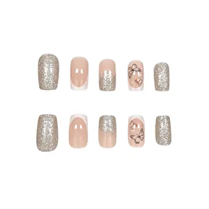 Elegant silver glitter French press-on nails with butterfly design, square shape set