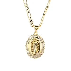 Vintage Gold Plated Alloy Figaro Chain Necklace Oval Virgin Mary Pendant White Rhinestone Religious Jewelry For Women Daily Wear