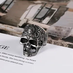 Cool vintage punk vampire skull ring made of durable stainless steel with gothic gear details