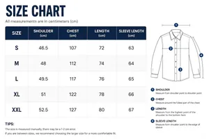 Guide détaillé des tailles et des mesures pour cette chemise en coton à manches longues
