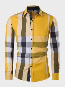 Chemise pour homme à carreaux jaune et gris en coton à manches longues avec boutonnage