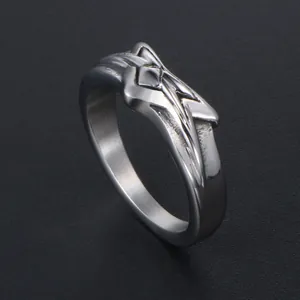 Vintage silver stainless steel ring featuring a unique five-pointed star pattern for men