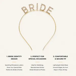 Liste détaillée des caractéristiques du serre-tête doré BRIDE en strass pour mariées