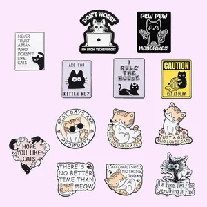 Set of 12 humorous cat enamel pins with funny English phrases for denim jackets and bags