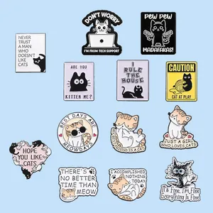 Funny cartoon cat enamel pins collection with English letter quotes and slogans