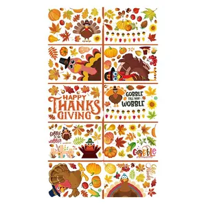 Thanksgiving static window clings featuring cartoon turkeys, pumpkins and maple leaves