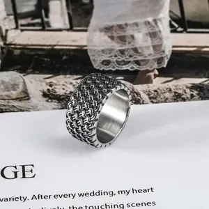 Vintage woven titanium steel ring for men with punk rock style and silver finish
