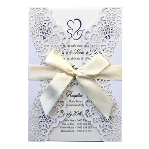 Elegante Lasergeschnittene Hohlkarten Hochzeitseinladungen Florale Spitze Perlpapier Mit Satin Schleife Für Verlobungsfeier