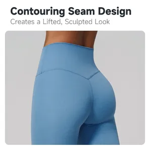 Back detail of blue high-waist scrunch butt yoga pants with V-contour stitching.