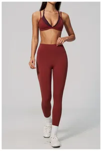 Women's high-waisted terracotta yoga leggings and sports bra set for fitness training