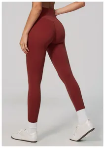 Detailed back view of dark red high-waisted butt-lifting yoga leggings for women
