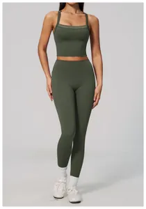 High-waisted olive green yoga set featuring breathable fabric and a supportive fit