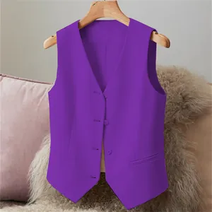 Detailed front view of purple women's slim fit suit vest with V-neck and buttons
