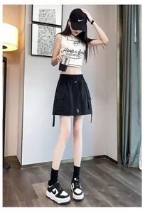 Full-body fashion shot of a stylish black high-waist cargo mini skirt for women.