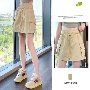 High-waist khaki cargo skort with utility pockets and inner anti-exposure shorts