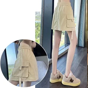 Khaki high-waisted cargo skort with large pockets for women's summer casual wear