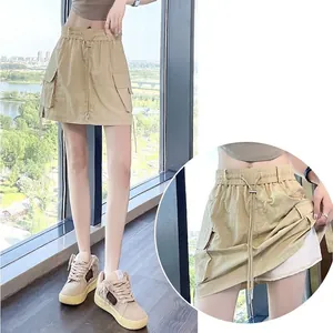 High waist khaki cargo mini skort with drawstring and functional side pockets chic