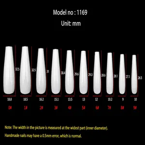Detailed size guide for tapered press-on nails showing lengths and widths in millimeters