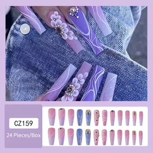 Handmade lavender purple floral press-on nails with rhinestone crystal accents 24pcs set