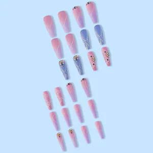 Premium gradient purple press-on nails with handmade rhinestone flower pattern