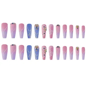 Handmade taro purple gradient press-on nails with rhinestones and 3D floral designs