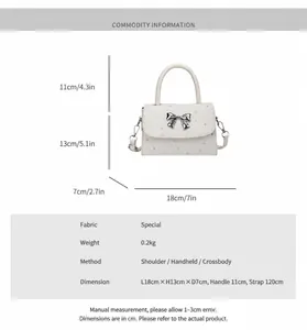 Detailed white bow handbag dimensions and product specifications chart showing bag size