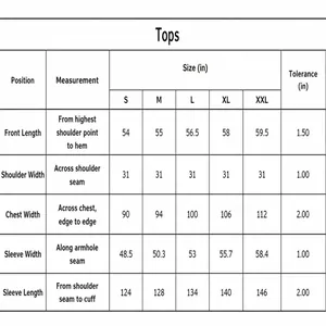 Tabella delle taglie dettagliata per il top moda donna con misure dalla S alla XXL