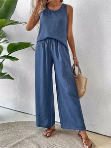 Elegante completo due pezzi in lino blu con top senza maniche e pantaloni ampi da donna