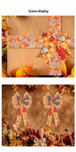 Close-up of Thanksgiving harvest ribbon with pumpkin truck patterns on gift box.