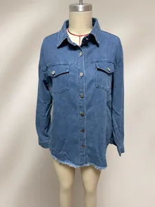 Washed blue denim shirt jacket for women with distressed frayed hem on a mannequin