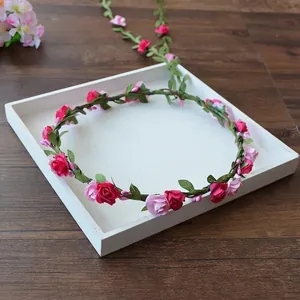 Ethereal forest fairy floral crown with pink and red roses for bridal hair accessory