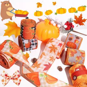 Assorted Thanksgiving wired ribbons with pumpkin, leaf and vintage truck designs