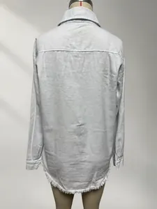 Back view of a white washed denim shirt jacket featuring a stylish raw frayed hemline