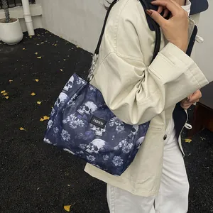 Stylish skull and floral print large capacity tote bag for women shoulder carry