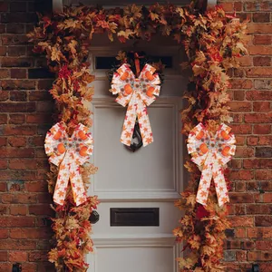 Thanksgiving pumpkin and maple leaf decorative bows for autumn harvest door wreath decor