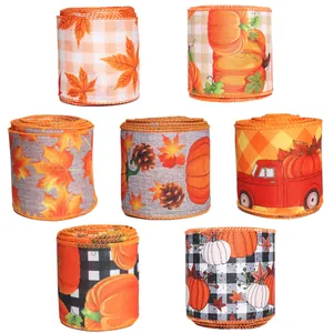 Assorted 7-roll Thanksgiving decorative ribbons with pumpkin and maple leaf patterns