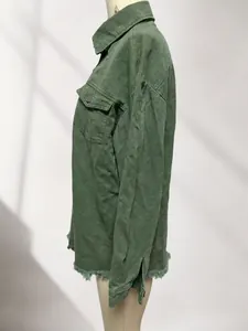 Side view of olive green denim shirt jacket for women featuring raw frayed hem details