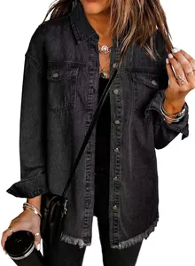 Close-up of black washed denim shirt jacket featuring a trendy frayed hem design