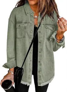 Detailed view of women's olive green washed denim shirt jacket with unique frayed hem design