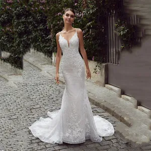 Elegant White Lace Mermaid Wedding Dress For Women Sexy Backless Spaghetti Strap V Neck Bride Bridal Gown With Small Train