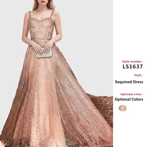 Robe de Soirée Élégante à Paillettes pour Femmes Bretelles Spaghetti Coupe Ajustée Robe de Princesse Maxi Or Polyester pour Mariage Fête