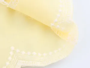 Vue macro d'une broderie ajourée blanche complexe sur un chemisier jaune de style français