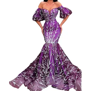 Elegant purple off-shoulder mermaid dress with silver sequins and puff sleeves for women