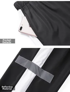Détail d'un pantalon de sport avec poche profonde et bande réfléchissante grise.