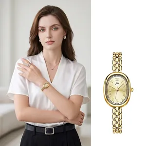 Elegant Women Quartz Watch Vintage Oval Dial Alloy Link Bracelet Roman Numeral Indices Casual Fashion Wristwatch
