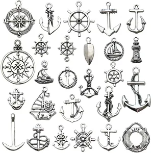 Lot de 20 breloques nautiques en argent vintage avec ancres et gouvernails pour bijoux