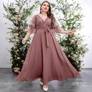 Women Plus Size Elegant V Neck Lace Floral Embroidery Sequin Chiffon Maxi Dress With Sash Dusty Rose Evening Party Dress