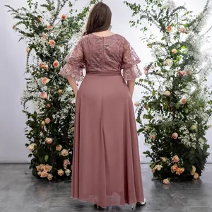 Elegant plus size evening gown with mesh embroidery puff sleeves and chiffon skirt back view