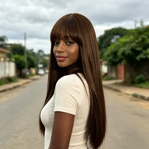 Model wearing long straight brown wig with air bangs, high-quality matte synthetic hair