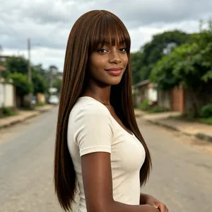 Detailed side view of long straight brown wig with air bangs in natural light